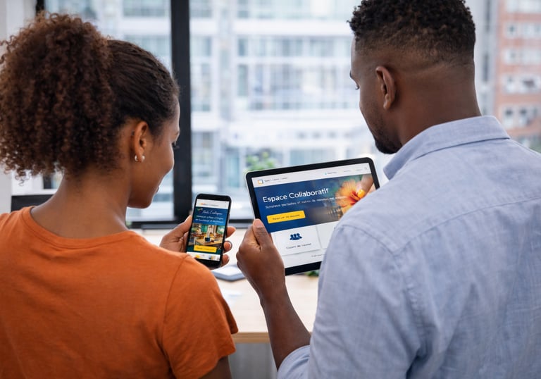 Consultation d’un site web professionnel sur smartphone et tablette dans un espace de coworking