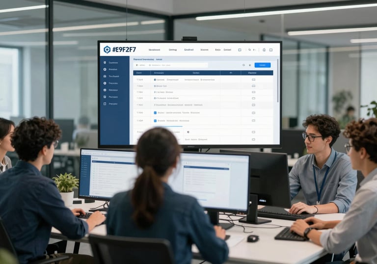 A collaborative team of diverse developers meeting in a modern glass office, with digital screens showing project timelines, styled in #E9F2F7 and #2F4858.