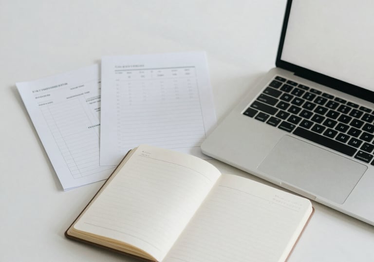 Minimalist workspace with soft sage green accents and a laptop.