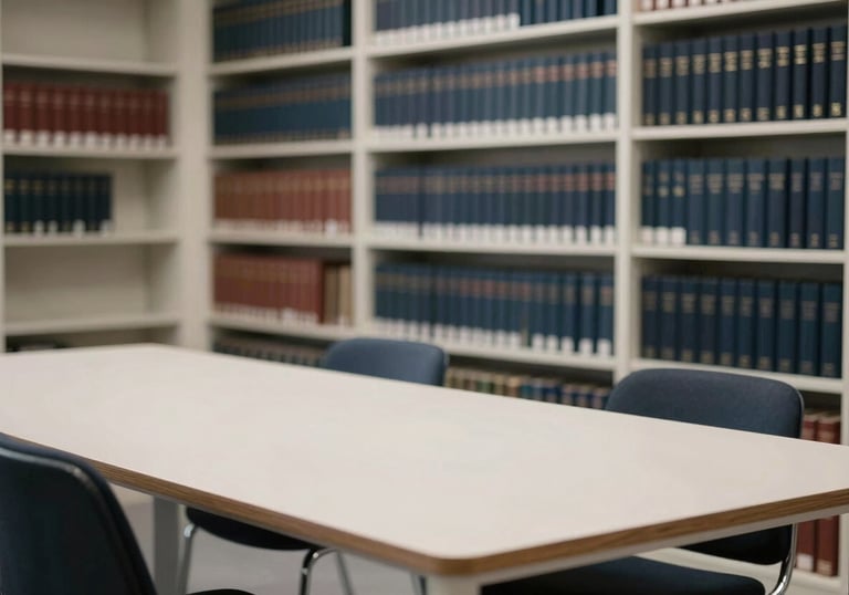 A clean, modern legal library with organized books on shelves and a large table, shot in soft focus. The scene uses dark navy and soft off-white colors.