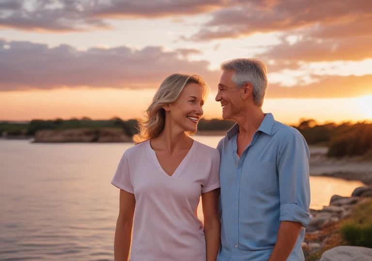 A smiling middle-aged couple watching a sunset, looking relaxed about their future