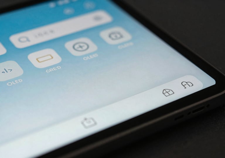 A detailed photography shot of a vibrant OLED display on a device showing a clean, modern interface with soft blue and grey colors.