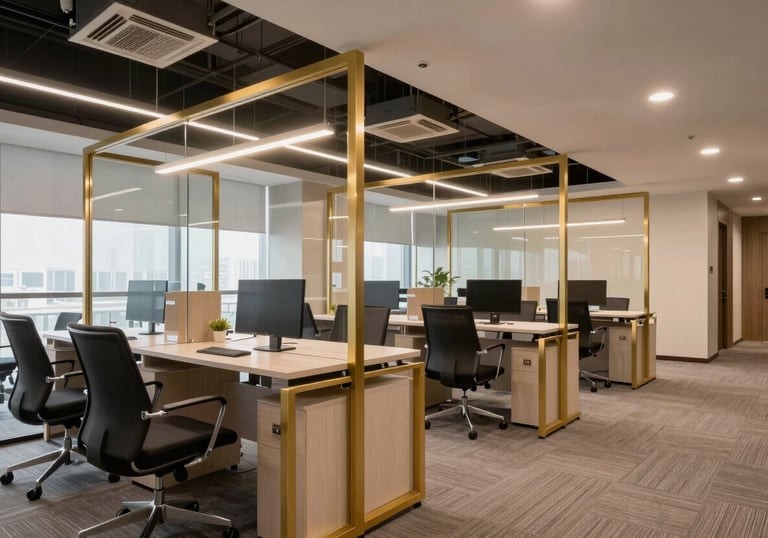 A stylish commercial office interior in Indirapuram with ergonomic charcoal chairs, gold-framed glass partitions, and modern false ceiling lighting.