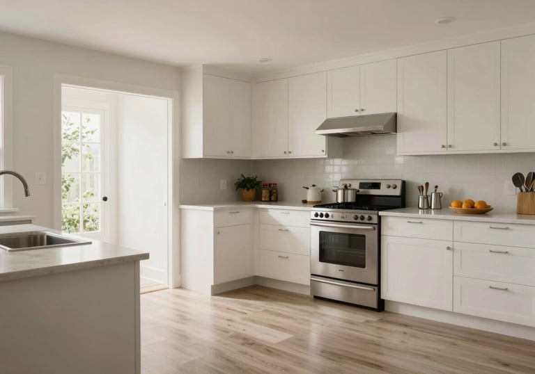 A wide-angle photograph of a pristine, brightly lit North American / US kitchen, showcasing a clean and pest-free living space with soft off-white and muted sage tones.