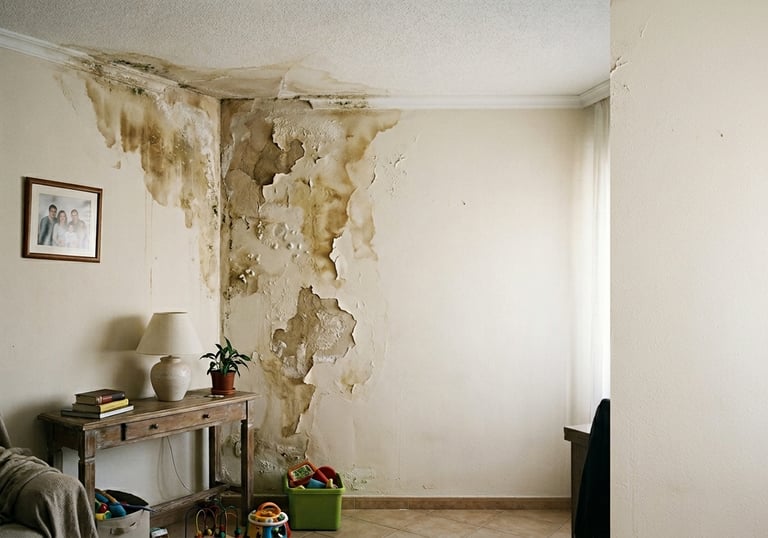 Humedad por filtración en pared interior con entrada de agua desde el exterior