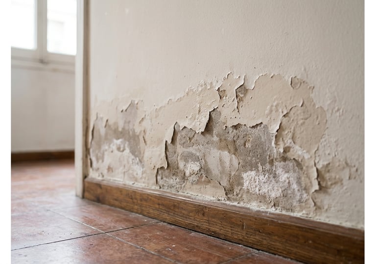 Pintura levantada y yeso dañado por humedad por capilaridad