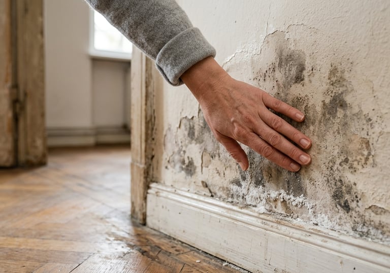 Persona tocando muro frío y húmedo por capilaridad