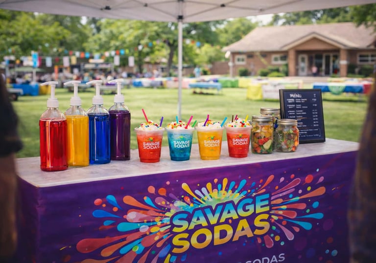 Savage Sodas booth at a community event with colorful drinks displayed