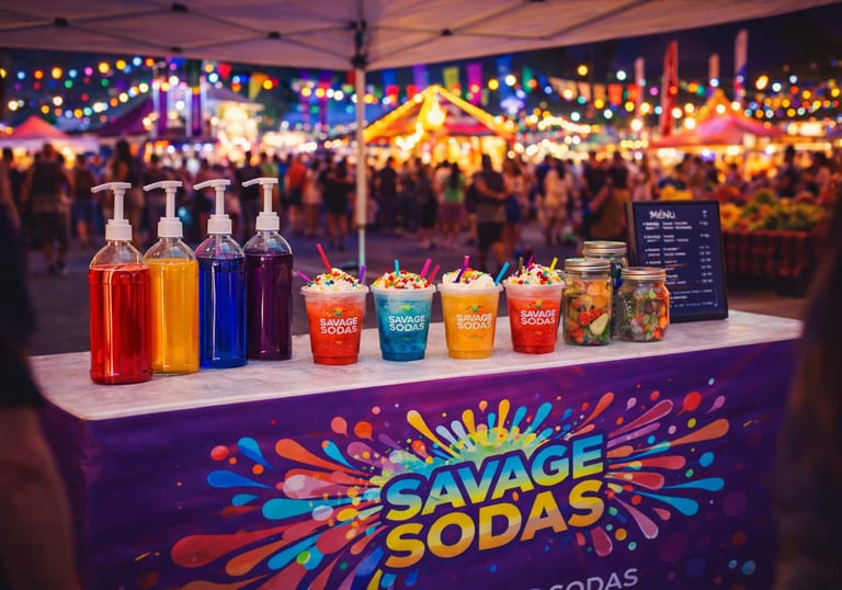 Savage Sodas festival booth at night with colorful drinks and syrups displayed