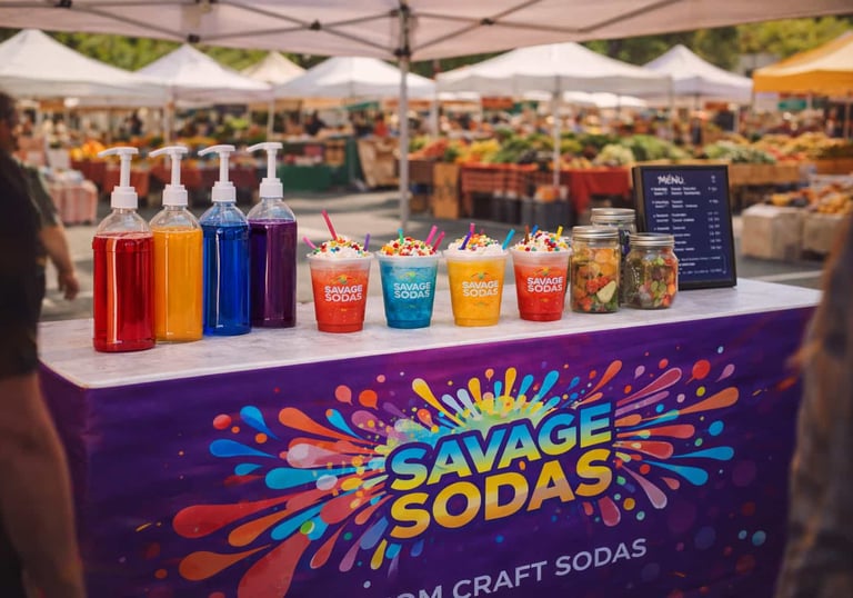 Savage Sodas booth at a farmers market with colorful drinks and syrups displayed