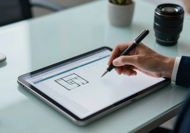 A professional desk setup featuring a digital tablet with property management charts and data, in a clean South American office, soft sunlight, deep blue and light teal theme.