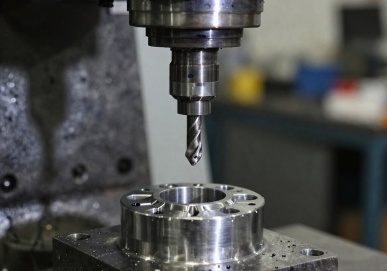 Precision CNC milling machine drilling a metal component in an industrial manufacturing workshop.