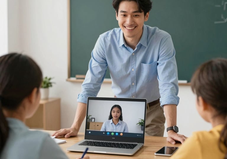 A friendly tutor engaging with students through a live online session.