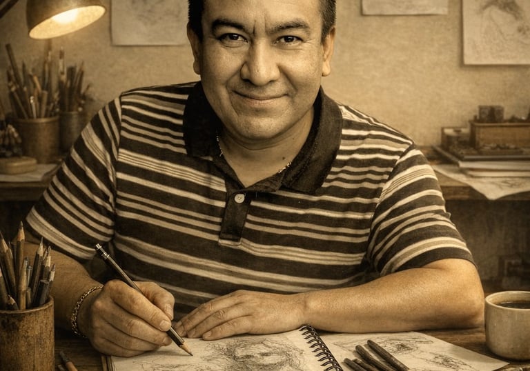 Francisco Carbajal, artista de retratos realistas a grafito en su estudio de Morelia, México