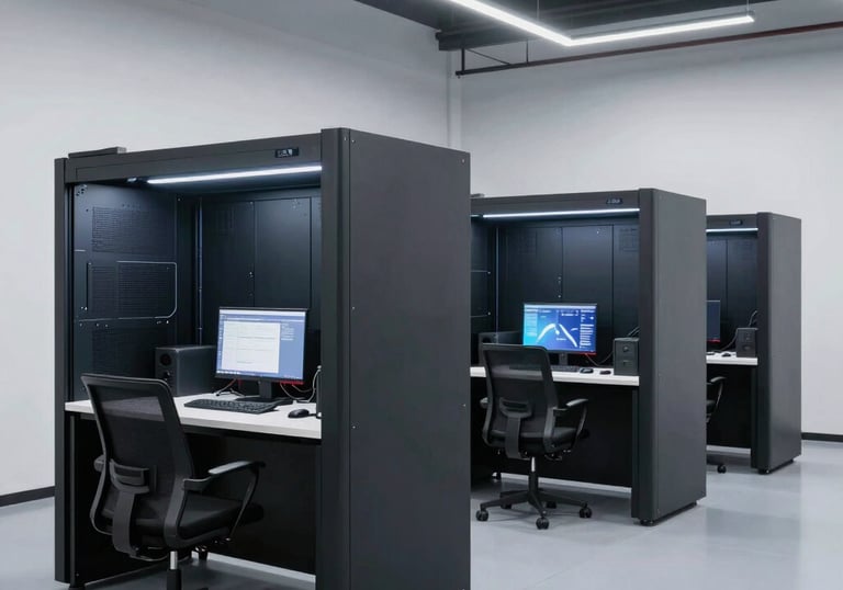 A secure, custom-built AI private suite with advanced hardware and green ambient lighting.