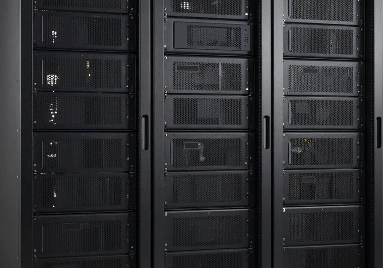 Technicians monitoring liquid cooling systems in a bright, eco-friendly data center.