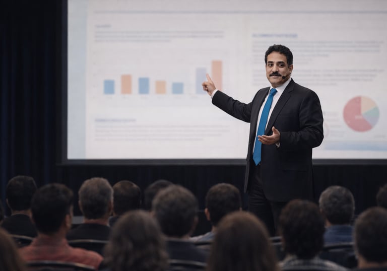 A businessman in a suit gives a data presentation to a large audience at a corporate seminar.