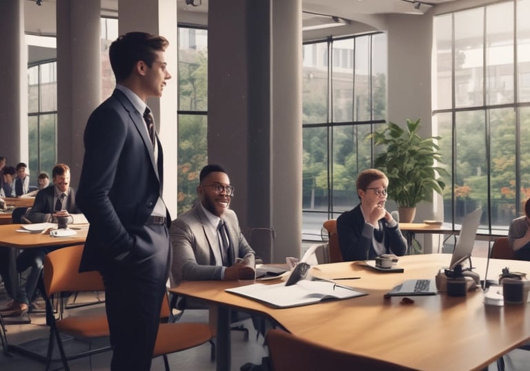 Professional business team collaborating in a modern open-plan office with natural lighting.