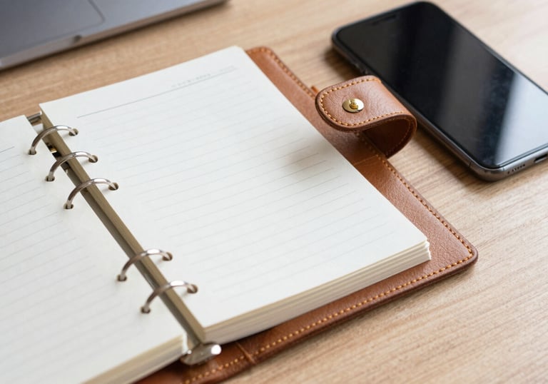 A close-up shot of a modern leather planner and a charcoal smartphone on a clean wooden desk, symbolizing professional organization and content management.