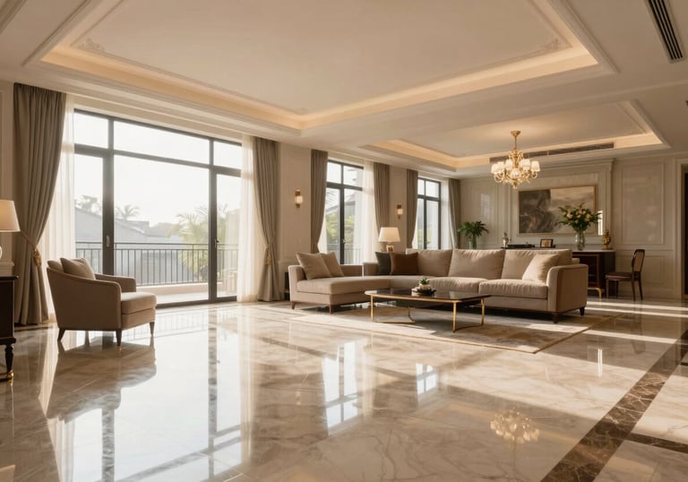 A wide shot of a perfectly cleaned, luxurious living area with reflective floors. Soft morning light enters the room, creating a calm and reassuring atmosphere.