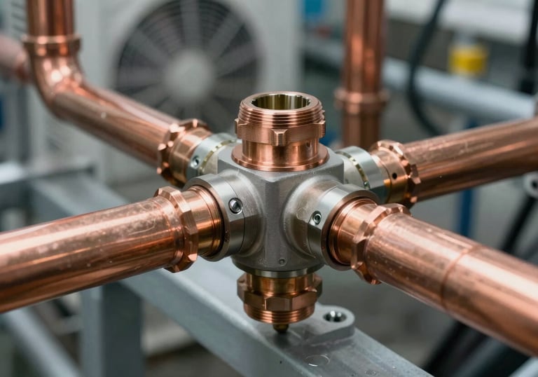 Macro photography of high-tech copper piping and professional fittings on a modern HVAC system. The aesthetic is industrial, clean, and professional.