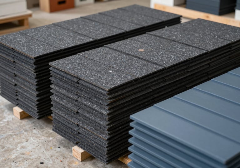 Stacked bundles of premium asphalt shingles in dark gray and slate blue siding samples on a professional worksite, clean and organized.