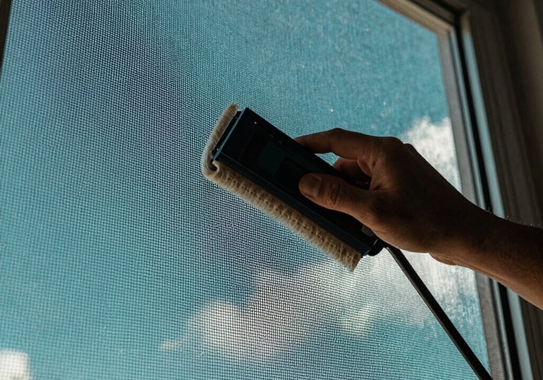 A close-up of a perfectly clean window screen against a bright teal Florida sky, demonstrating the attention to detail in track and screen cleaning.