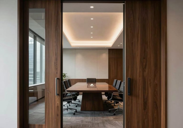 A high-end corporate boardroom in a North American skyscraper featuring elegant minimalist minimalist wood and glass doors.
