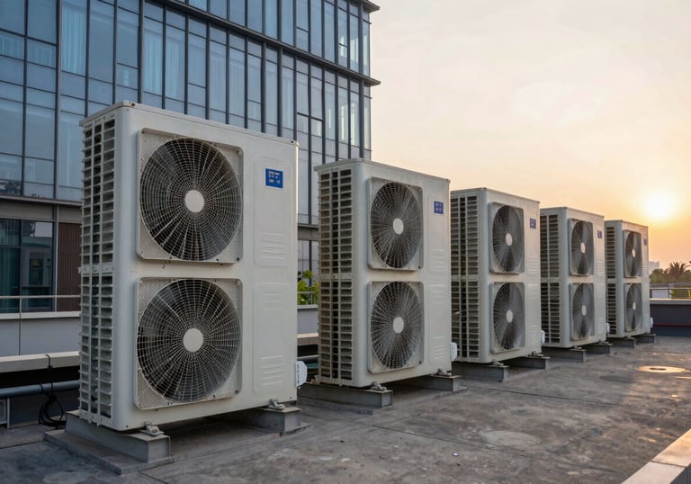A row of large commercial HVAC outdoor chillers on the rooftop of a modern glass-facade corporate building in Noida during sunset.