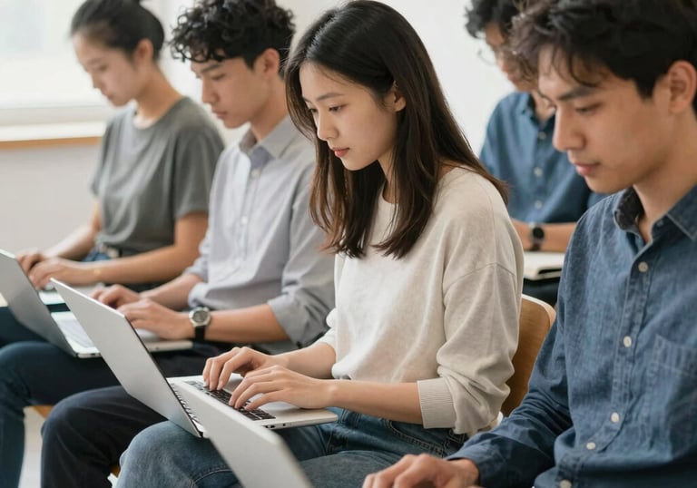 Close-up of hands typing code with a vinyl record spinning in the background.