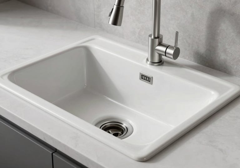 A photograph of a modern, clean kitchen sink that has been perfectly reglazed, reflecting the bright studio lighting in a New York City loft.