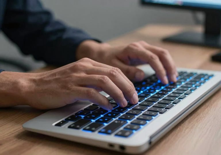 Close-up photography of a professional's hands typing on a modern, high-quality backlit keyboard in a quiet North American office. The focus is sharp on the keys, with a professional blue glow emanating from the desk setup.