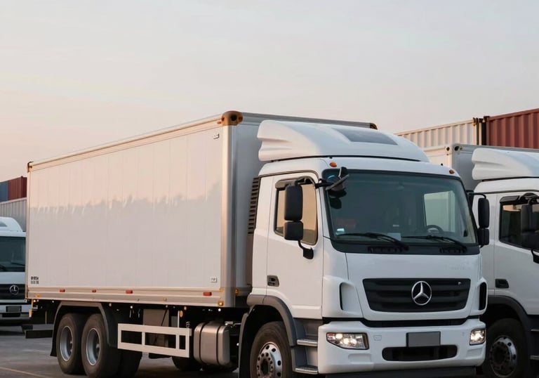 Fila de camiones de transporte logístico blancos y limpios estacionados en un muelle de carga al amanecer en Latinoamérica, orden y profesionalismo.