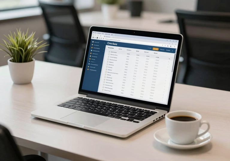 A clean, modern office desk in a Brazilian corporate setting featuring a laptop showing a CRM dashboard and a cup of coffee. The atmosphere is professional and organized.