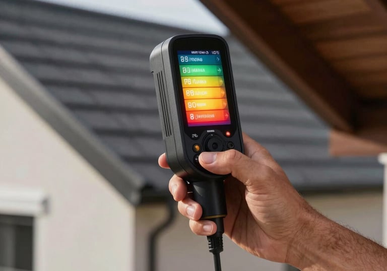 A professional thermal imaging camera showing high thermal efficiency and heat retention in a Hispanic / Latin American home attic, modern technical style.