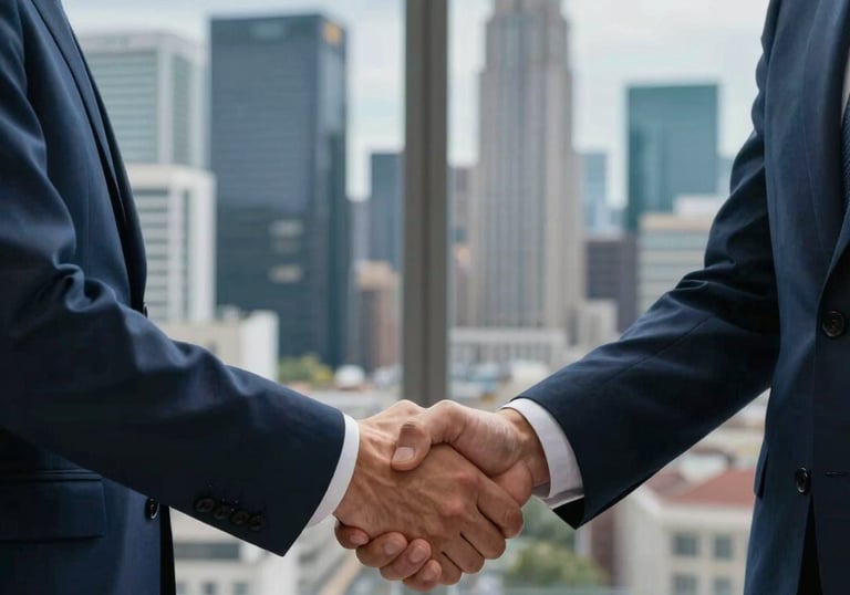 A handshake between two professionals in front of a window overlooking a Western European financial district. Symbols of trust and successful partnership, professional lighting, deep blue and mid blue palette.