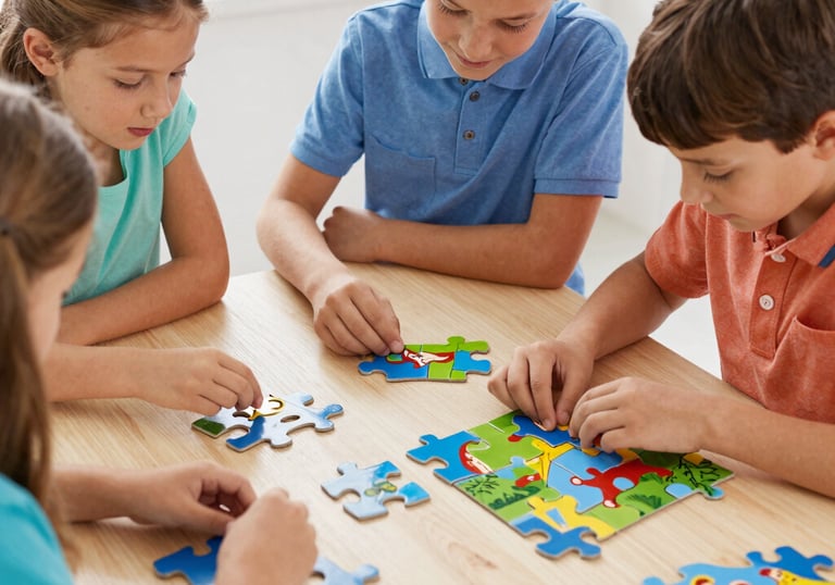 Children coloring biblical scenes with crayons and smiling