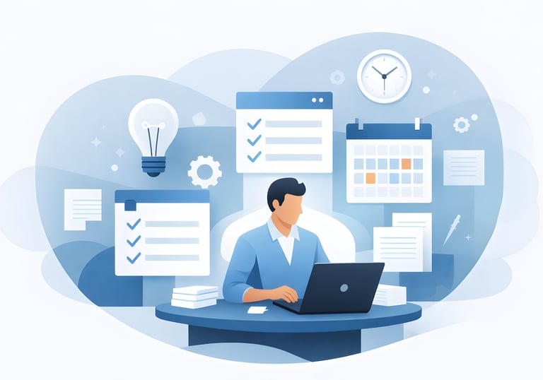 Abstract illustration of a focused professional figure surrounded by organized documents, checklists