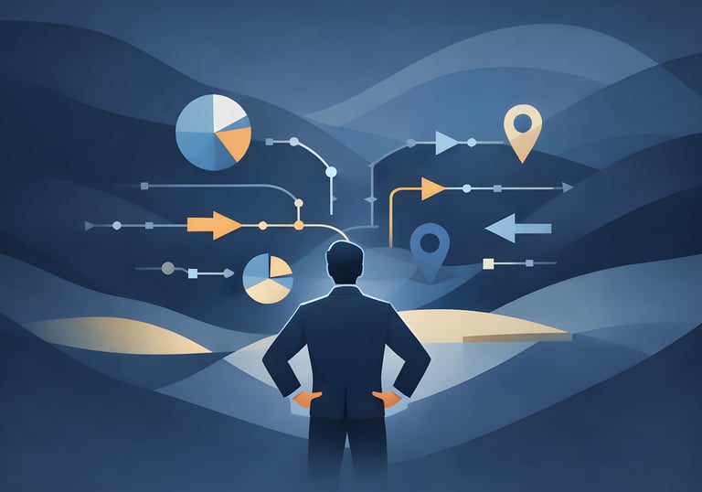 Abstract business illustration showing a figure overlooking interconnected pathways and foresight.