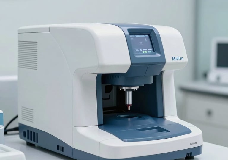 A modern automated blood analyzer machine in a bright clinic. The machine has light blue highlights that match the corporate palette, set in a professional Malian medical context.