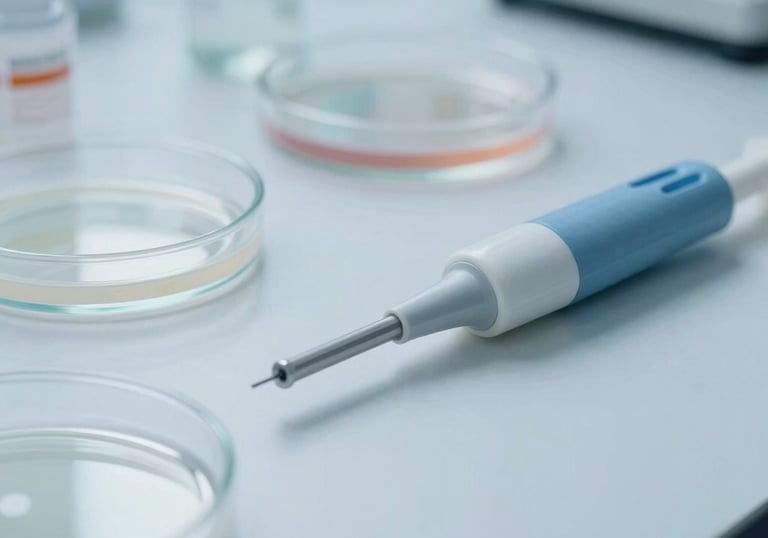 A close-up photograph of assorted laboratory consumables including sterile pipettes and petri dishes on a clean white surface. Soft blue tones and bright, professional laboratory lighting.