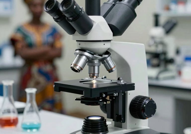 A high-precision optical microscope on a clean laboratory desk. The focus is sharp on the lenses, with a soft-focus West African / Malian scientific environment in the background.