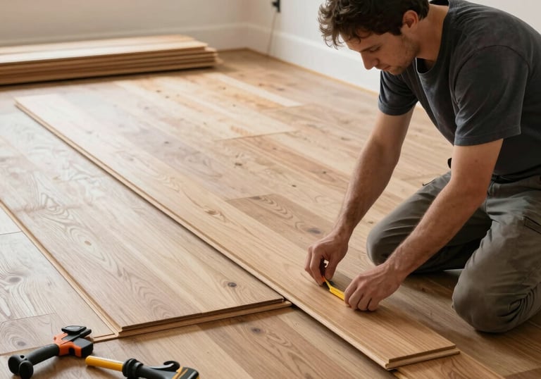 Close-up of a craftsman installing wooden flooring with detailed tools.
