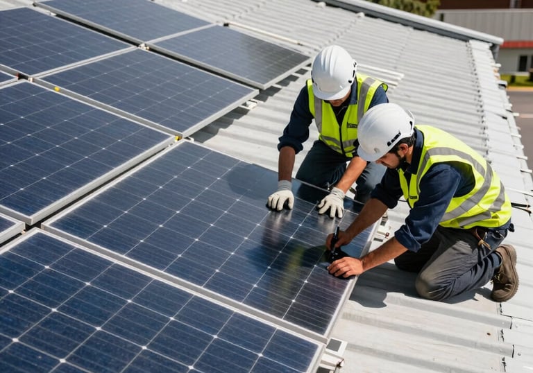 Installation of solar panels on a roof, professional technicians in safety gear working under the sun, high-quality industrial photography.