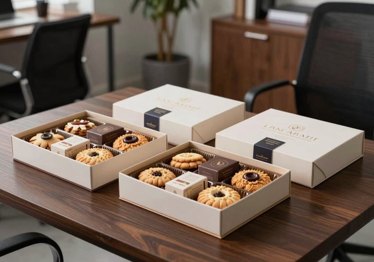 Elegant corporate gift boxes filled with artisanal cookies and branded sweets, presented on a dark wood table in a modern French office setting.