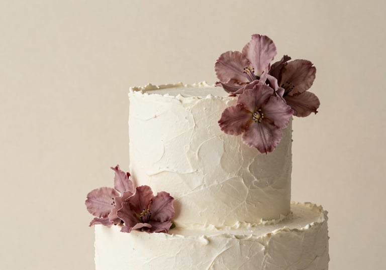 A stunning, minimalist cake design with white textured frosting and soft mauve floral accents, set against a warm cream background. Elegant studio photography.