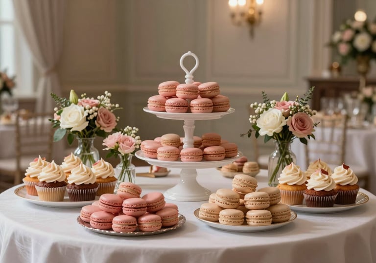 A beautifully arranged sweet table featuring pink and beige macarons, cupcakes with swirl frosting, and small floral arrangements in a chic French reception hall. Soft lighting, high-end event style.