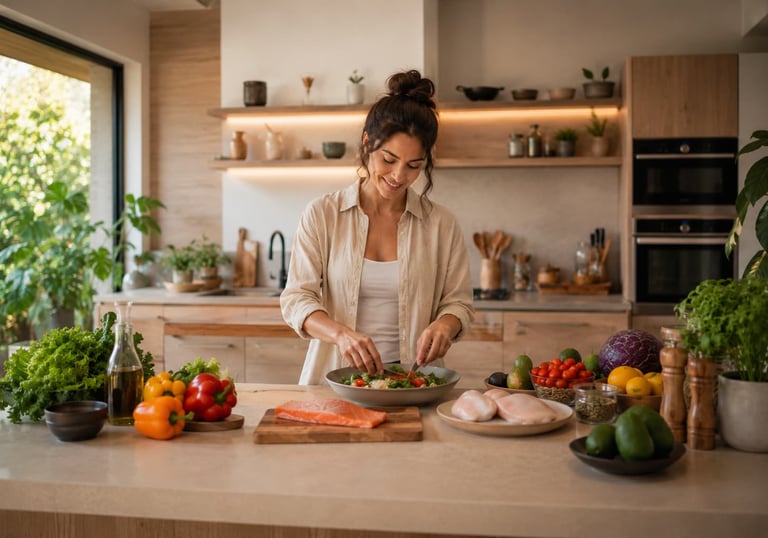 Preparação de refeição saudável com vegetais, salmão e alimentos naturais