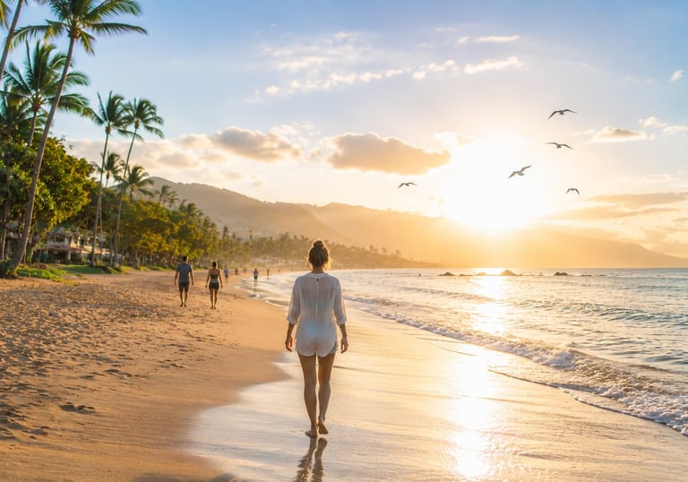 Mulher caminhando na praia ao amanhecer