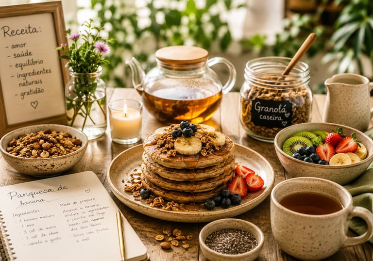 Café da manhã saudável com panquecas e frutas